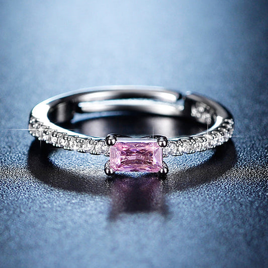 Silver Plated American Diamond Studded Rectangular Anti Tarnish Pink Stone Adjustable Finger Ring